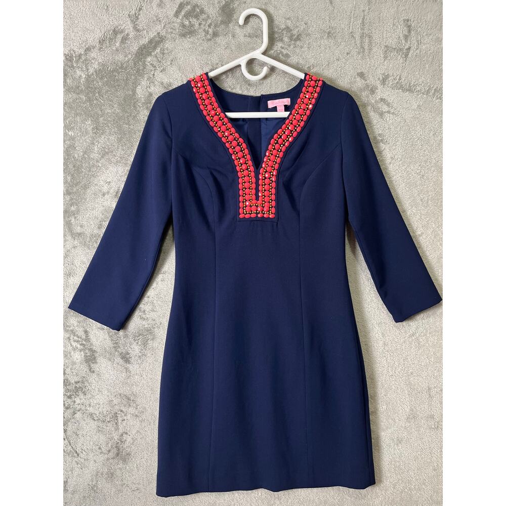 Lilly Pulitzer Bennett Dress Navy Blue Pink Beaded Trim Shift Classic Preppy 2